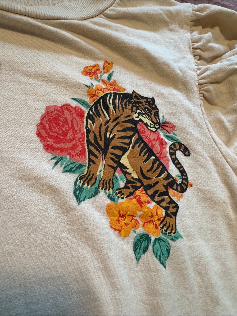 Anthropologie Cream Embroidered Tiger Sweatshirt with Puff Sleeves - Picture 8 of 9